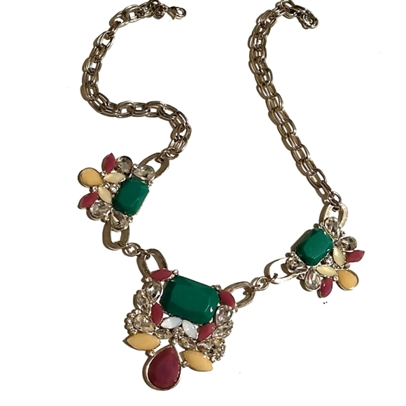 LOFT GREEN, BURGUNDY, DARK YELLOW ACRYLIC & RHINESTONE SILVER-TONE 19" NECKLACE - Picture 9 of 10